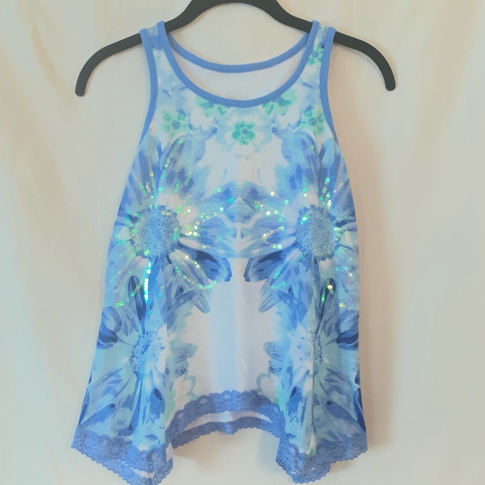 JUSTICE Floral Sequin Tank - BLUE